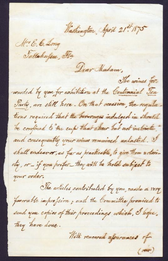 Letter from William Wilson Corcoran to Ellen Call Long, April 21, 1875, explaining that the Florida wines she had sent for the 