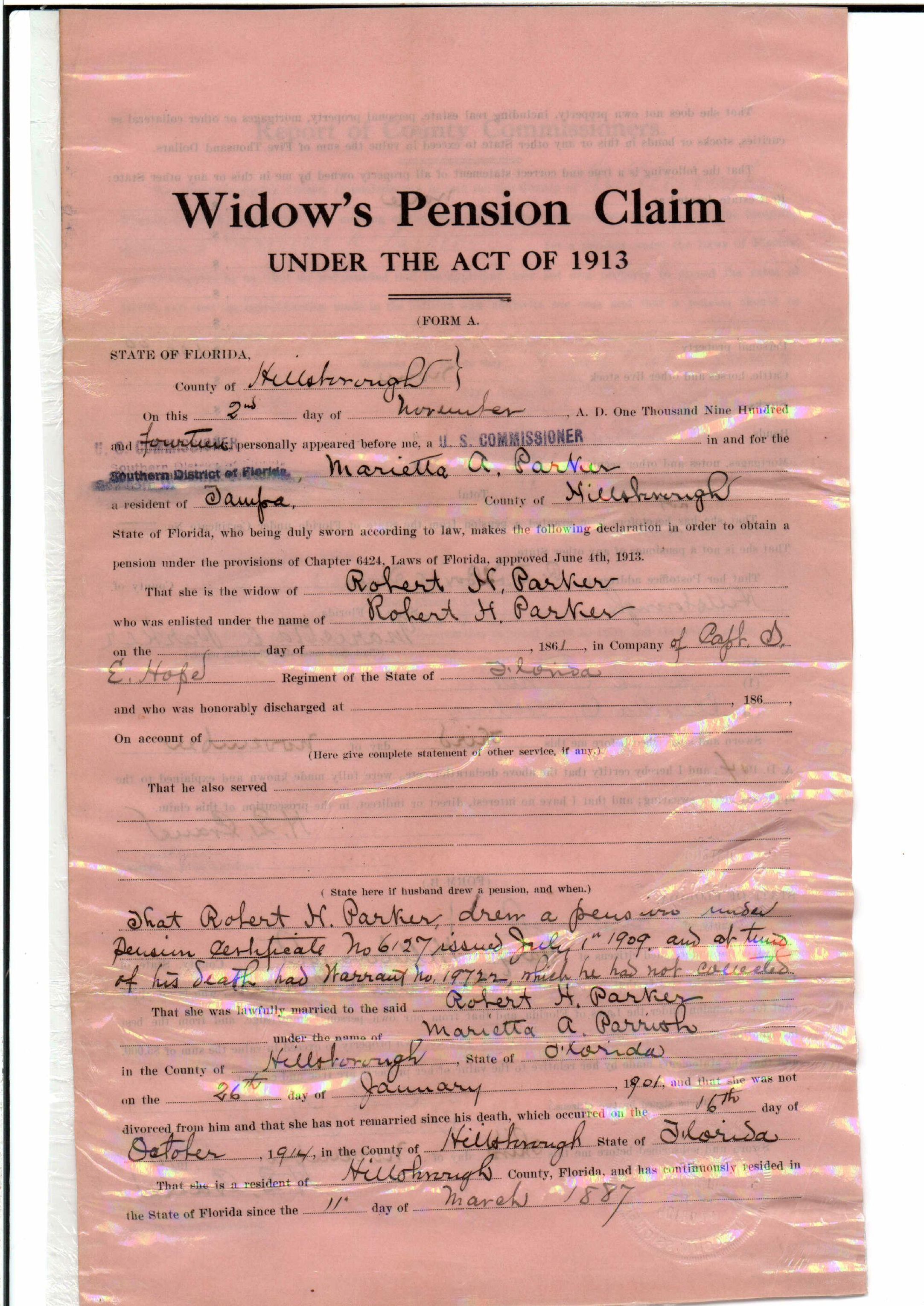 Page from the Confederate Pension Application file of Robert H. Parker of Hillsborough County. Paperwork from the pension claim of his widow Marietta is also included in the file.