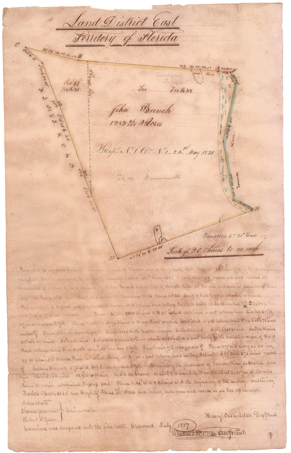 A map from the Spanish Land Grant of John Bunch. This land later passed into the possession of Thomas Dummett (Dummitt).