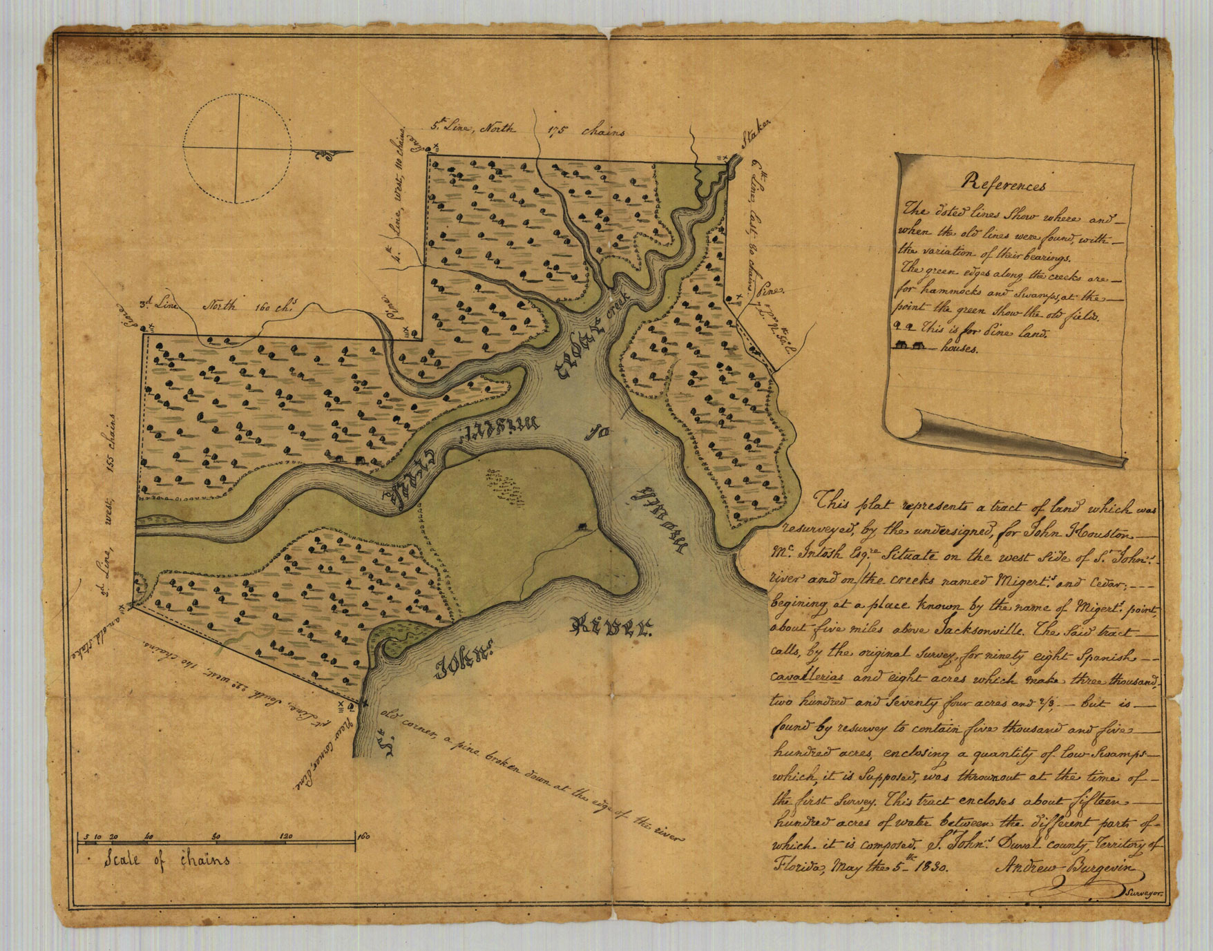 Survey play showing one of John Houston McIntosh's parcels of land along the St. Johns River and Cedar and McGirt's creeks (1830). Click to enlarge.