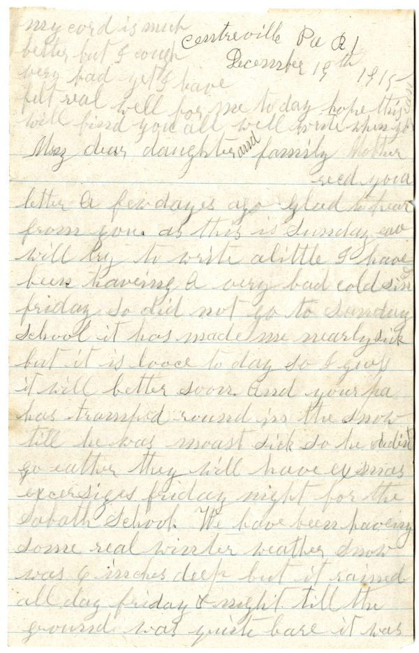 Letter from Olive Fish to Minnie Bevins - December 19, 1915