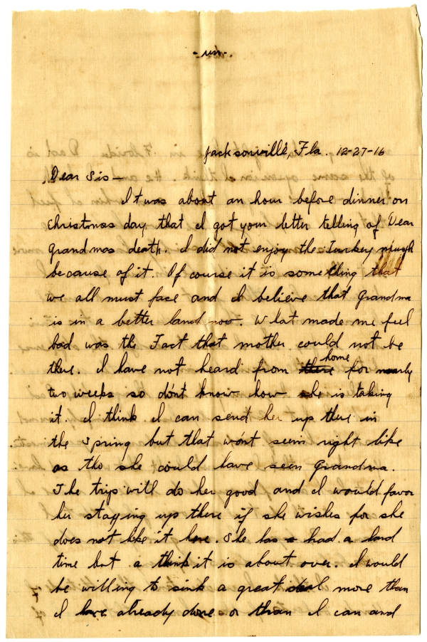 Letter from Algy Knox Bevins to Merie Rieck - December 27, 1916