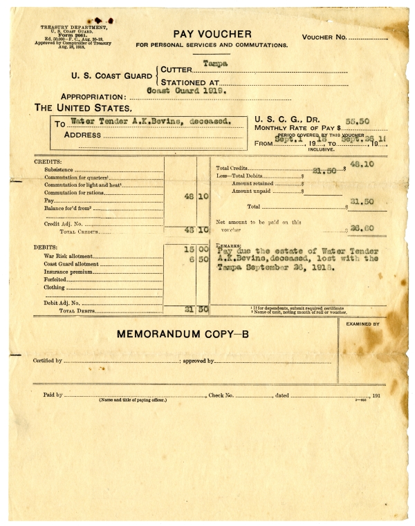 Pay Voucher from Coast Guard for Algy Knox Bevins - ca. 1919