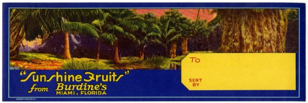 Gift Box Label for "Sunshine Fruits" from Burdine's