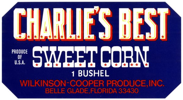 Label for Charlie's Best Sweet Corn - Blue