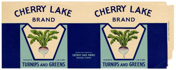 Cherry Lake Brand Turnips and Greens Label