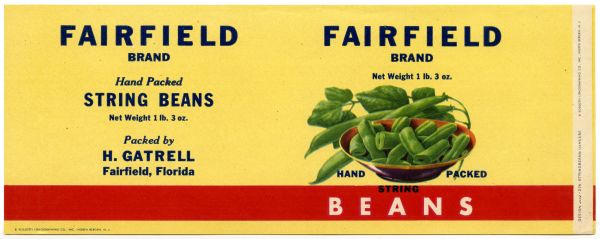 Label for Fairfield Brand String Beans