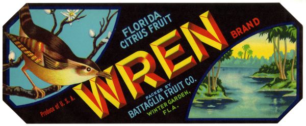Wren Brand Florida Citrus Fruit Label