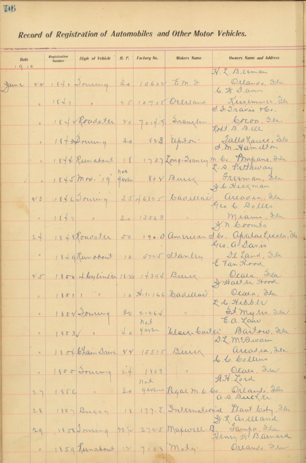 Florida Automobile Registration Record (Volume 1), 1905-1913