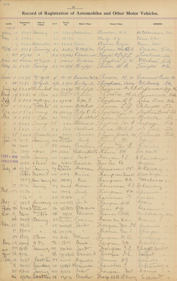 Florida Automobile Registration Record (Volume 2), 1912-1917