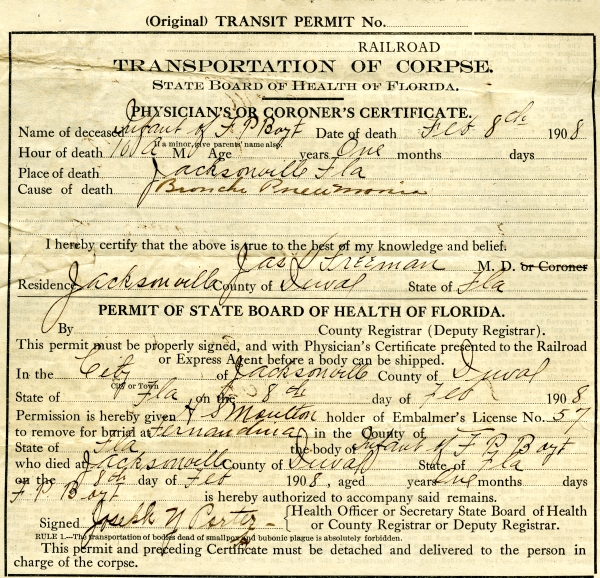 Boyt, Infant of F. P. permits