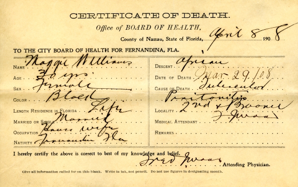 Williams, Maggie death certificates