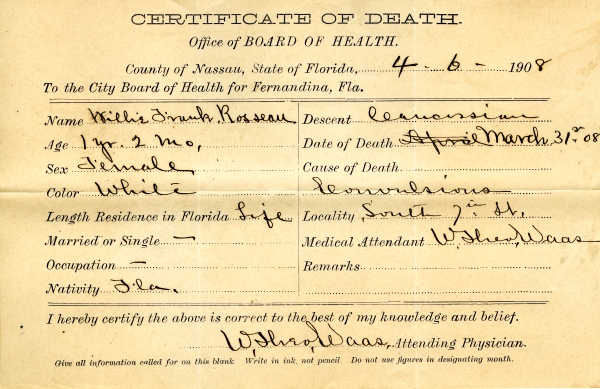 Rosseau, Willie Frank death certificates