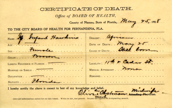Hawkins, Infant death certificates