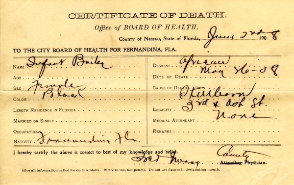 Bailey, Infant death certificates