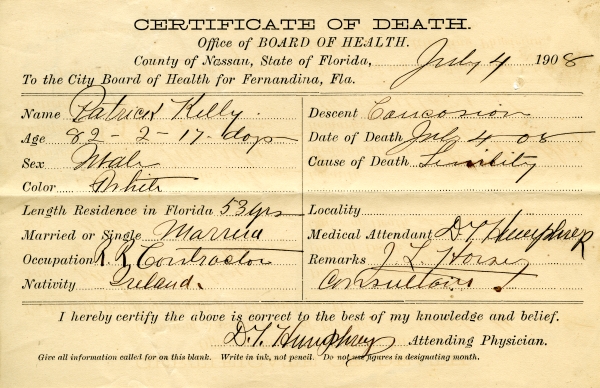Kelly, Patrick death certificates