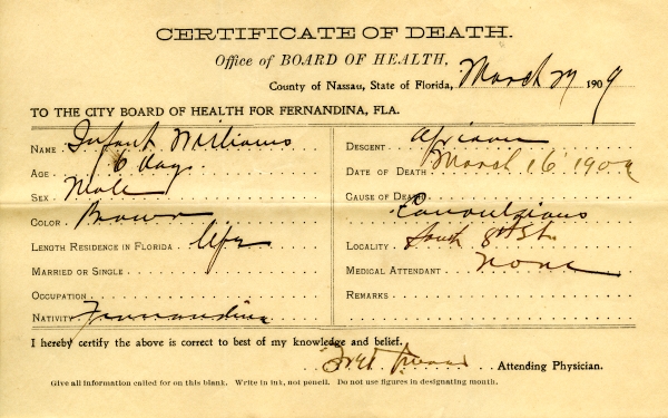 Williams, Infant death certificates
