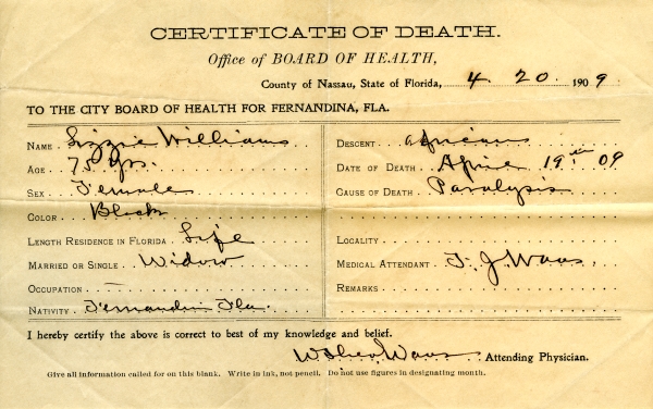 Williams, Lizzie death certificates