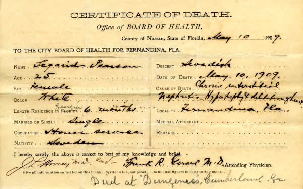 Pearson, Legarid death certificates