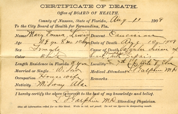 Lewis, Mary Emma death certificates