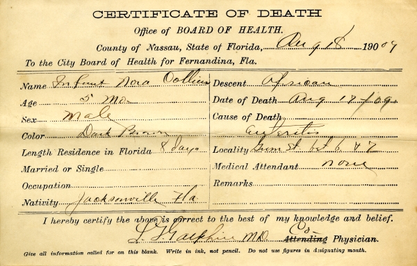 Collins, Infant Nora death certificates