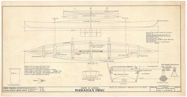 Technical Drawings of the Vessel Hawaiian Prau, ca. 1938