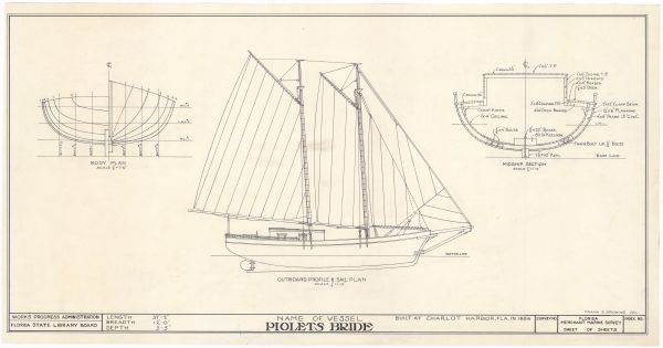 Technical Drawing of the Schooner Pilot's Bride, ca. 1938