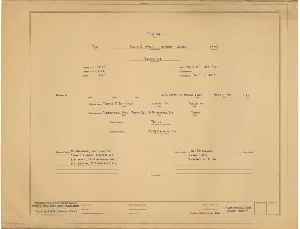 Cover Sheet for Drawings of the Tug Ralph E. Haven, ca. 1938