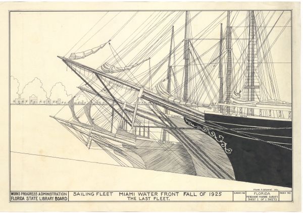 Drawing of Ships Docked at the Miami Waterfront, ca. 1938