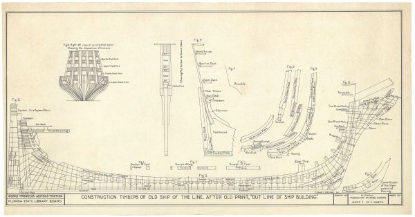 Technical Drawing of Timbers Used to Build Ships of the Line, ca. 1938