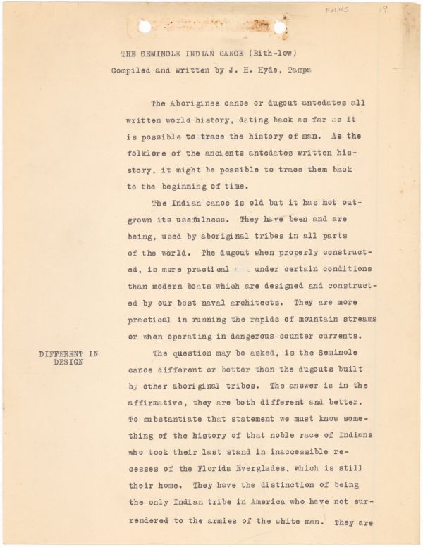 The Seminole Indian Canoe (Bith-low) by J.H. Hyde, ca. 1938