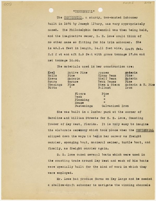 Historical Sketch of the Schooner Centennial, Built 1876