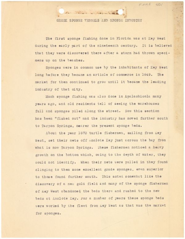 Greek Sponge Vessels and Sponge Industry - Florida Merchant Marine Survey, 1938