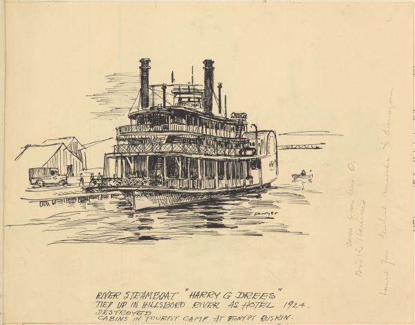 Sketch of the Steamboat Harry G. Drees by Philip Ayer Sawyer, 1938