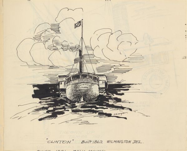 Sketch of the Steamboat Clinton by Philip Ayer Sawyer, 1938