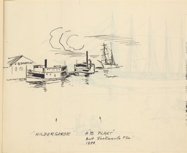 Sketch of the Steamboats Hildergarde and H.B. Plant by Philip Ayer Sawyer, 1938