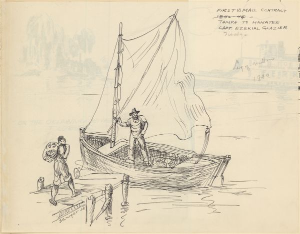 Sketch Illustrating Oversea Postal Service Between Tampa and Manatee by Philip Ayer Sawyer, 1938