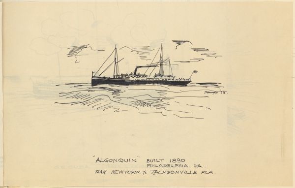 Sketch of the Steamer Algonquin by Philip Ayer Sawyer, 1938