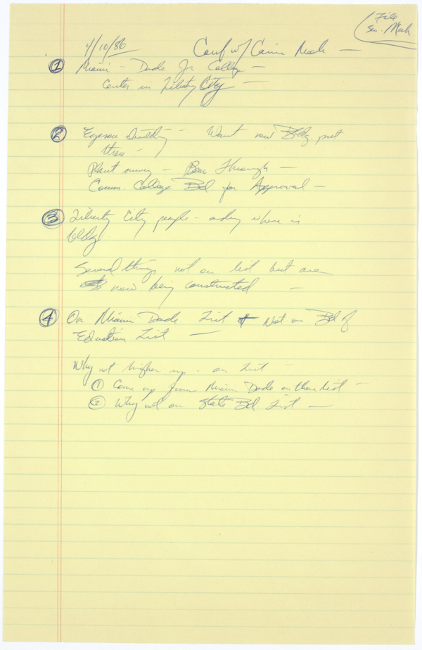 Notes from Governor Bob Graham's Office Regarding State Senator Carrie Meek and Issues Affecting Miami-Dade County, 1986