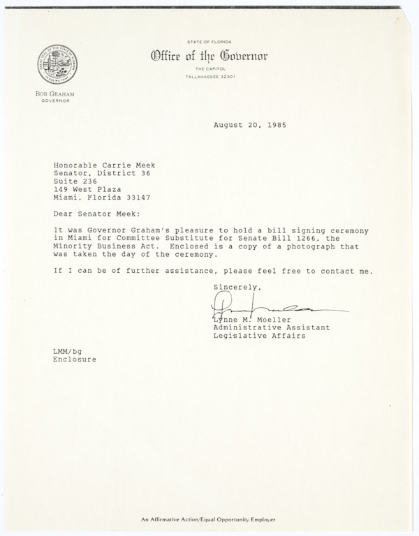 Letter from Lynne M. Moeller to State Senator Carrie Meek Trasmitting a Photograph from a Bill Singing Ceremony in Miami, August 20, 1985