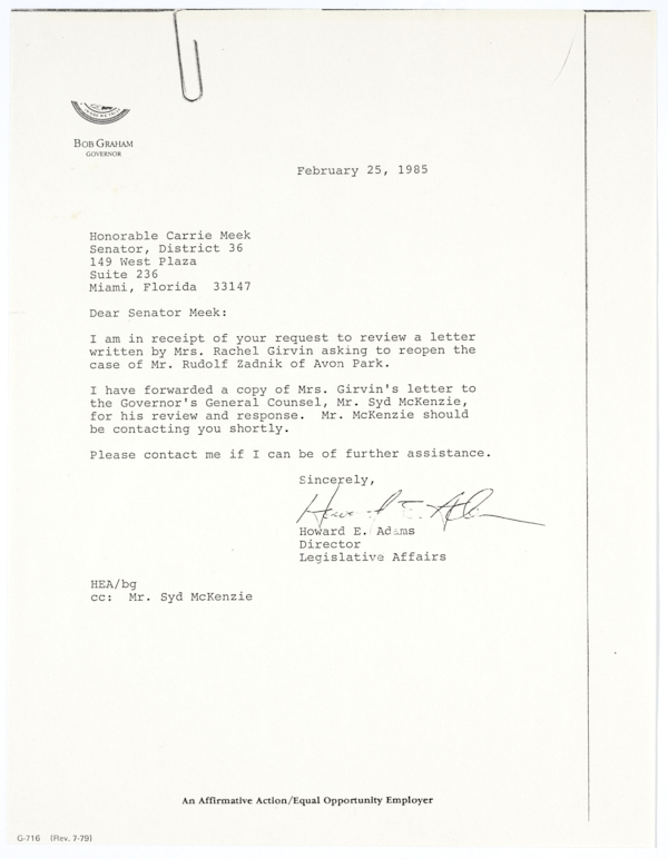 Correspondence Between State Senator Carrie Meek and Governor Bob Graham's Office Regarding Inmate Rudolf Zadnik, 1985