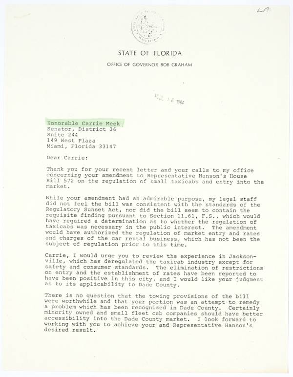 Correspondence Between Governor Bob Graham and State Senator Carrie Meek Regarding Legislation on Smaller Taxi Companies, 1984