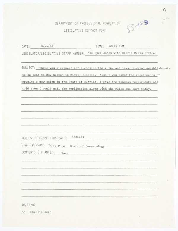 Legislative Contact Form for a Request from State Senator Carrie Meek's Office for Information About Opening a Salon, August 24, 1983