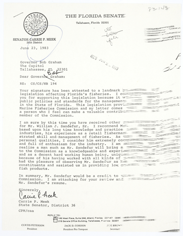 Letter from State Senator Carrie Meek to Governor Bob Graham Recommending William J. Sandefur, Sr. for an Appointment, June 23, 1983