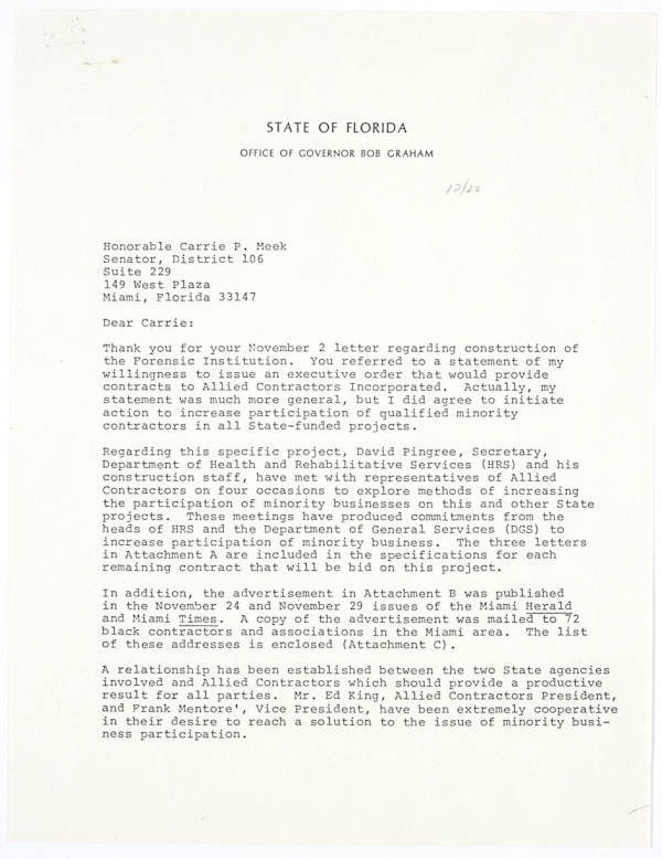 Letter from Governor Bob Graham to State Senator Carrie Meek Regarding Efforts to Increase Minority Contractor Participation in State-Funded Building Projects, 1982