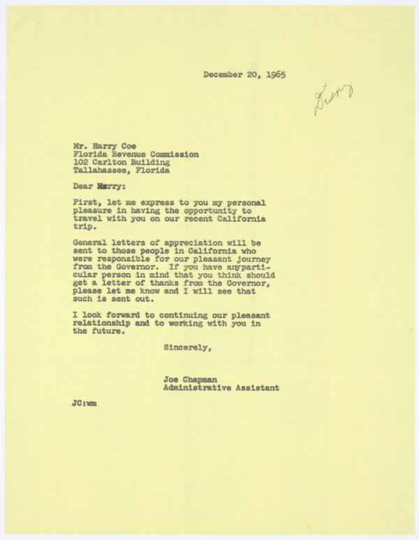 Correspondence Between Harry Coe and Joe Chapman Regarding a Trip to California to Study Disneyland, December 1965-January 1966