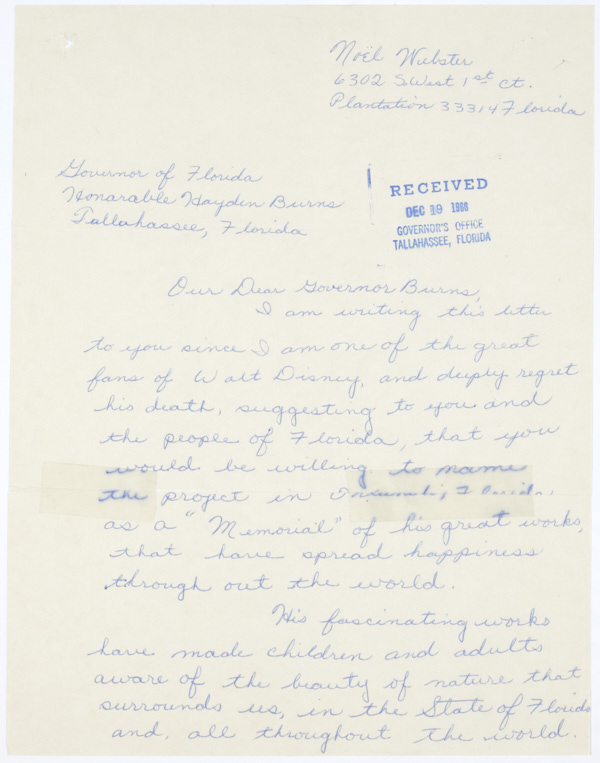 Letter from Noel Webster to Governor Haydon Burns with Suggestions for a Memorial to Walt Disney's Memory, with Governor Burns' Response, 1966