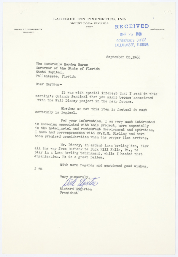 Correspondence Between Richard Edgerton and Governor Haydon Burns Regarding Potential Work Relating to Walt Disney World, 1966