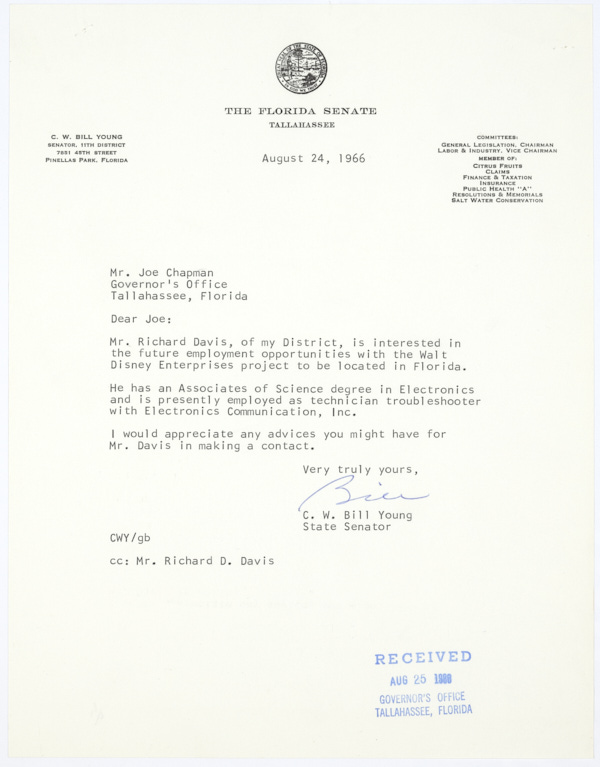 Letter from State Senator Bill Young to Joe Chapman Asking for Help Getting a Constituent in Touch with Disney Officials Regarding Employment, 1966