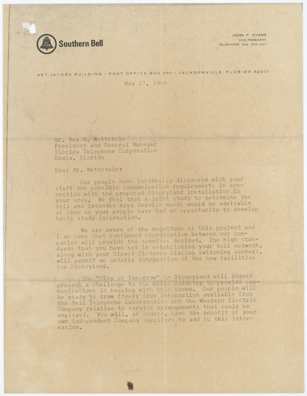 Correspondence Relating to a Proposed Letter to Disney Officials Recommending Cooperation with the Florida Telephone Corporation, 1966